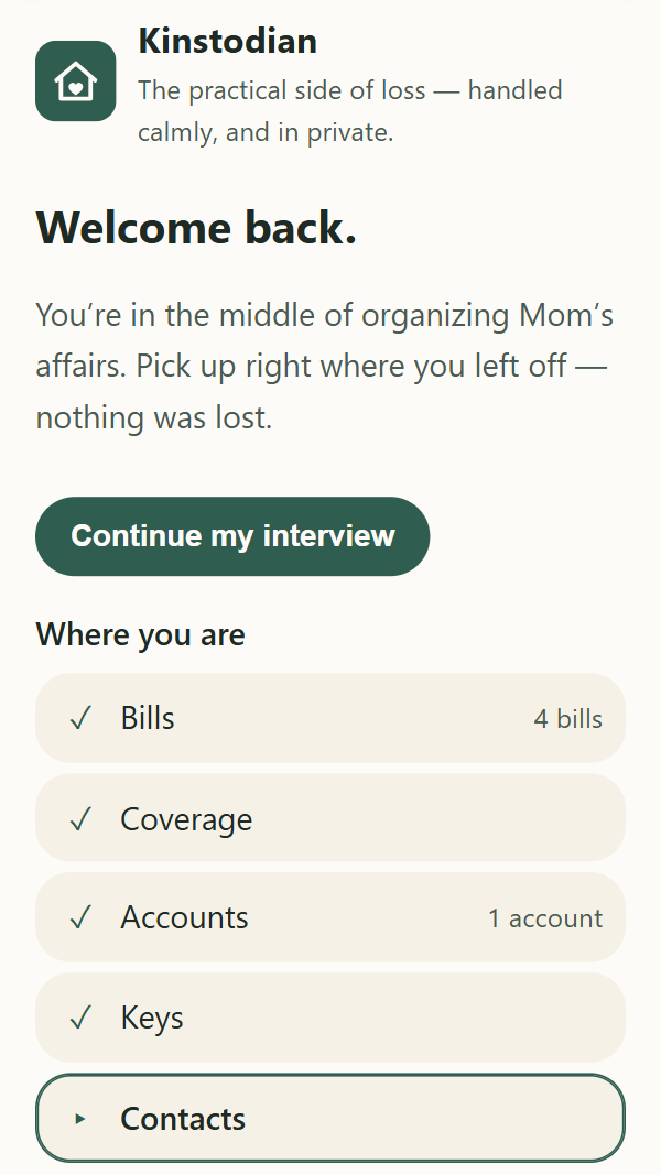 The Kinstodian Home screen on a phone: "Welcome back", a Continue my interview button, and the plan's five chapters listed underneath with a tick on each one reached and counts beside them — four bills, one account.