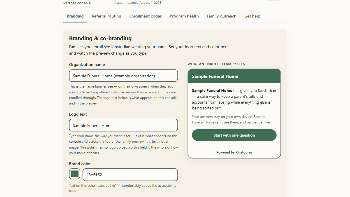 The Partner Console's Branding screen: organization name, logo text and brand color fields down the left, and on the right a live preview of what an enrolled family sees, headed with the organization's name and footed "Powered by Kinstodian".
